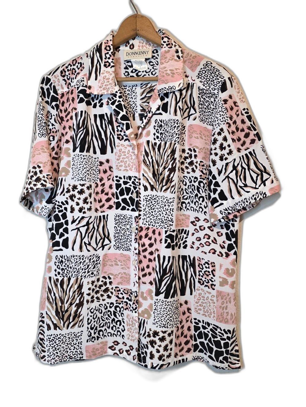 DONNKENNY Classics Pink Animal Patchwork Print Top Short Sleeve Button Up Medium